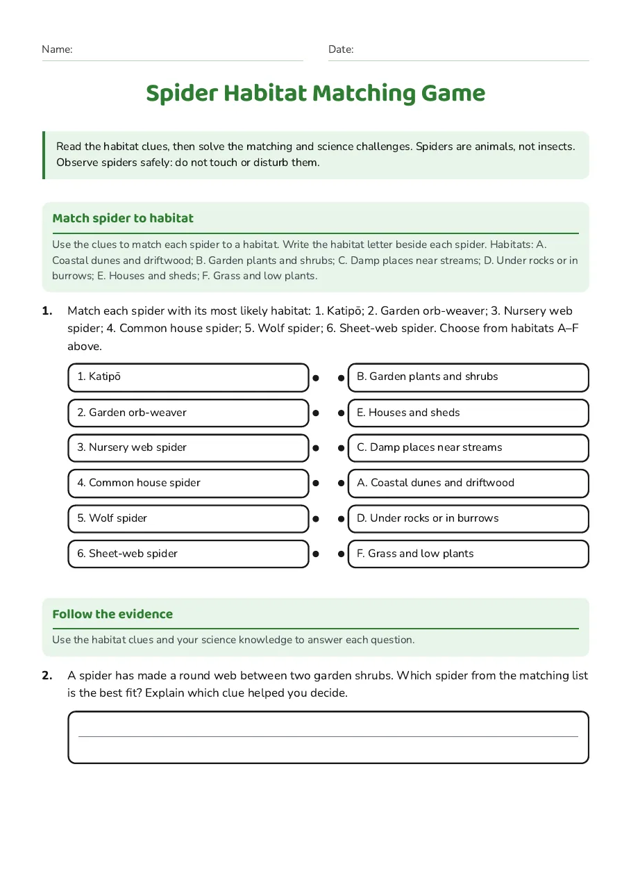 Spider Habitat Matching Game, page 1 of 3: Match spider to habitat, Follow the evidence