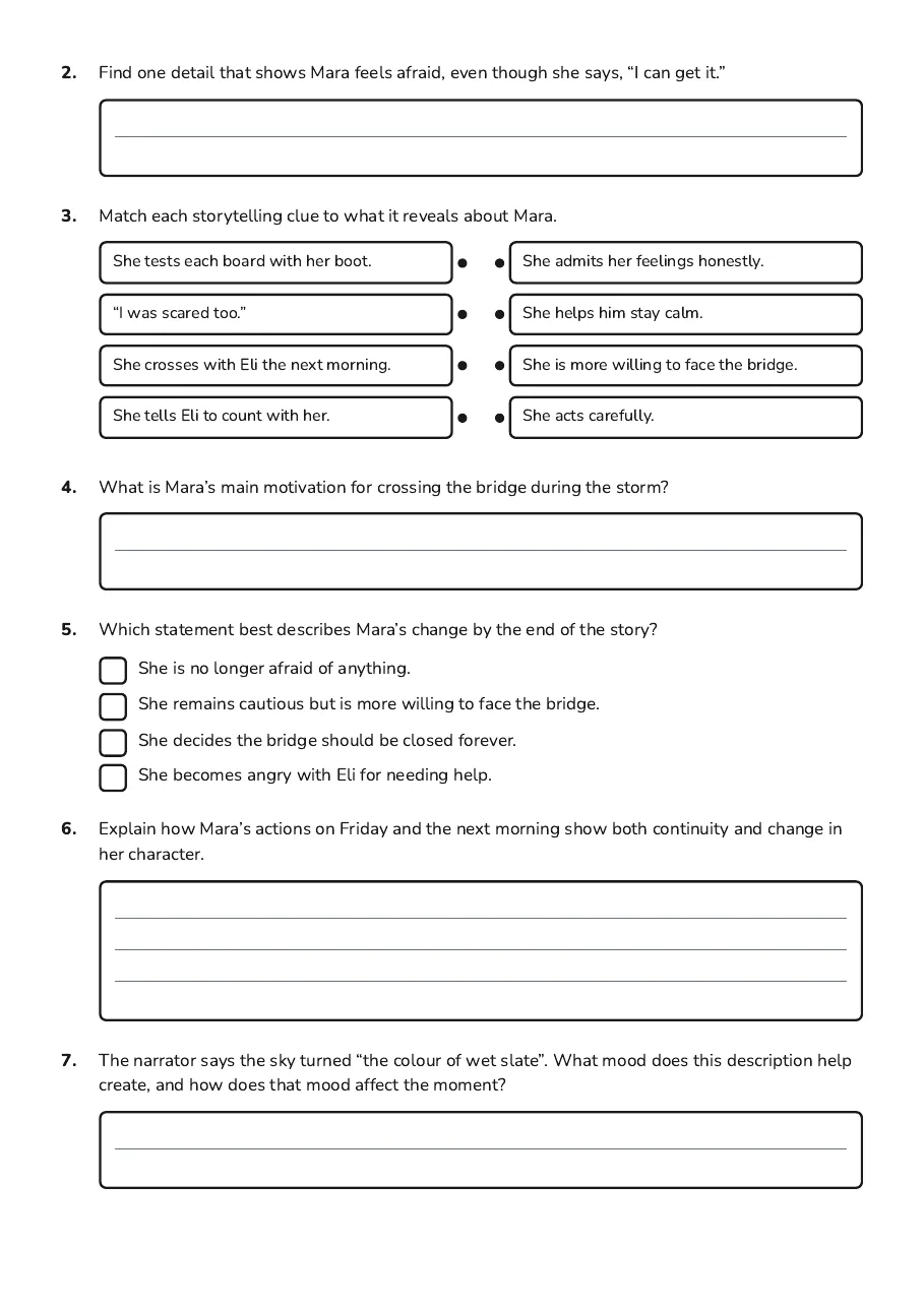 Australian Character Development Profiles, page 2 of 3: 2. Find one detail that shows Mara feels afraid, even though she says, “I can get it.”