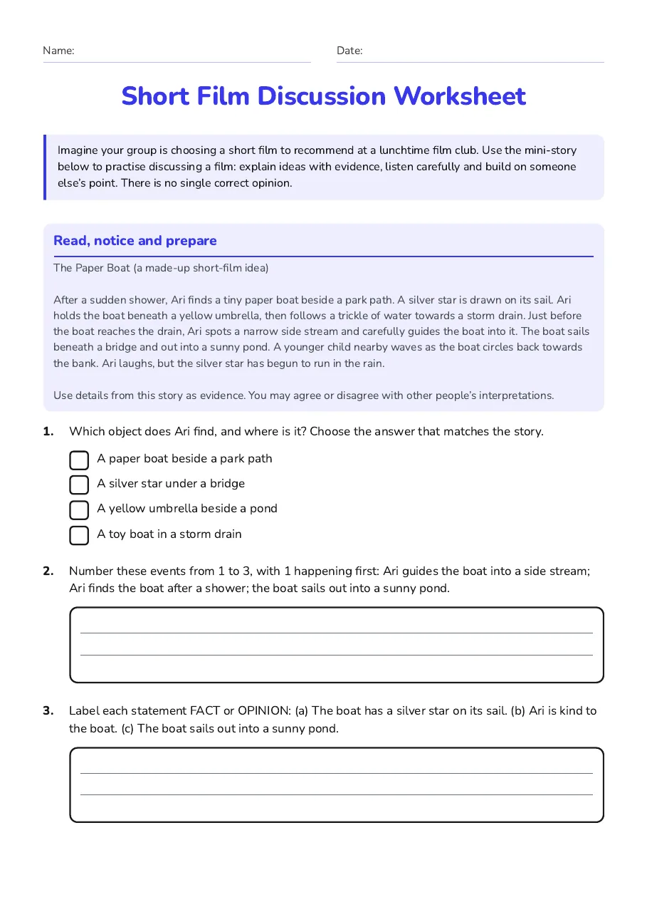 Short Film Discussion Worksheet, page 1 of 3: Read, notice and prepare