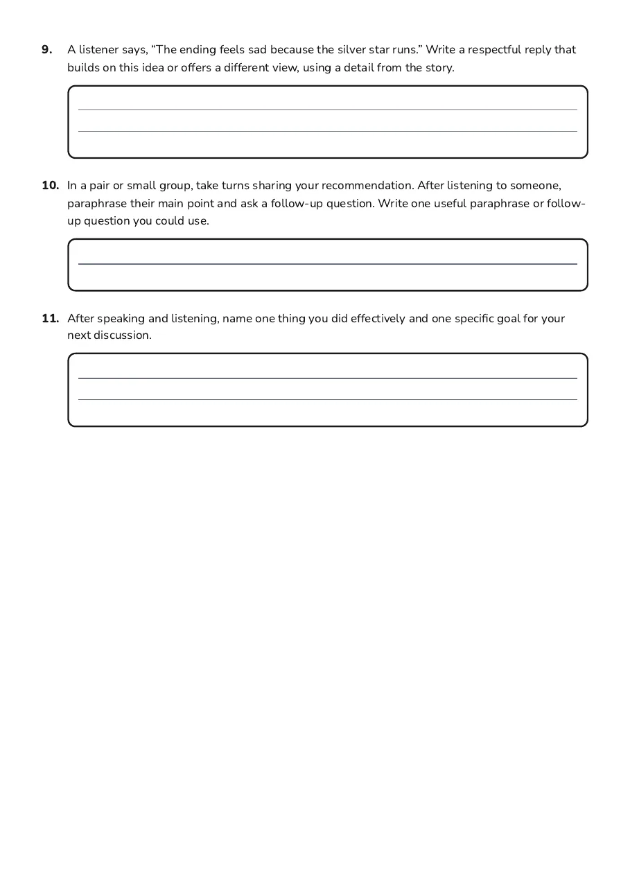 Short Film Discussion Worksheet, page 3 of 3: 9. A listener says, “The ending feels sad because the silver star runs.” Write a…