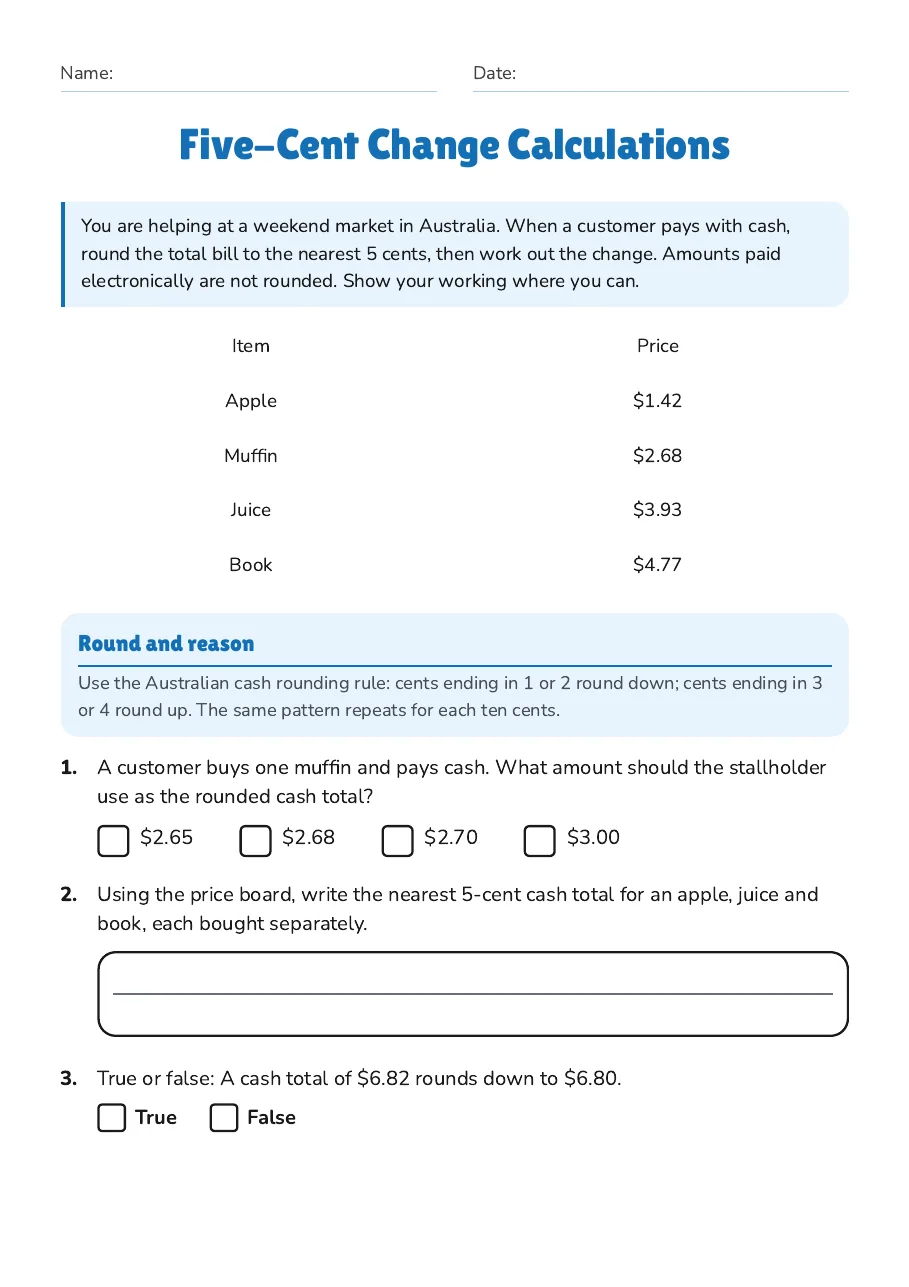 Five-Cent Change Calculations, page 1 of 3: Round and reason
