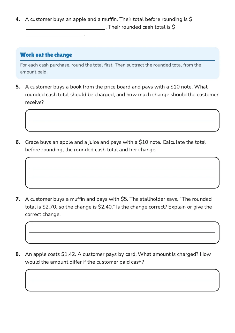 Five-Cent Change Calculations, page 2 of 3: Work out the change