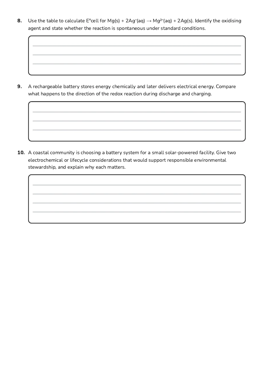 Electrochemistry Redox Applications, page 3 of 3: 8. Use the table to calculate E°cell for Mg(s) + 2Ag⁺(aq) → Mg²⁺(aq) + 2Ag(s). Identify…