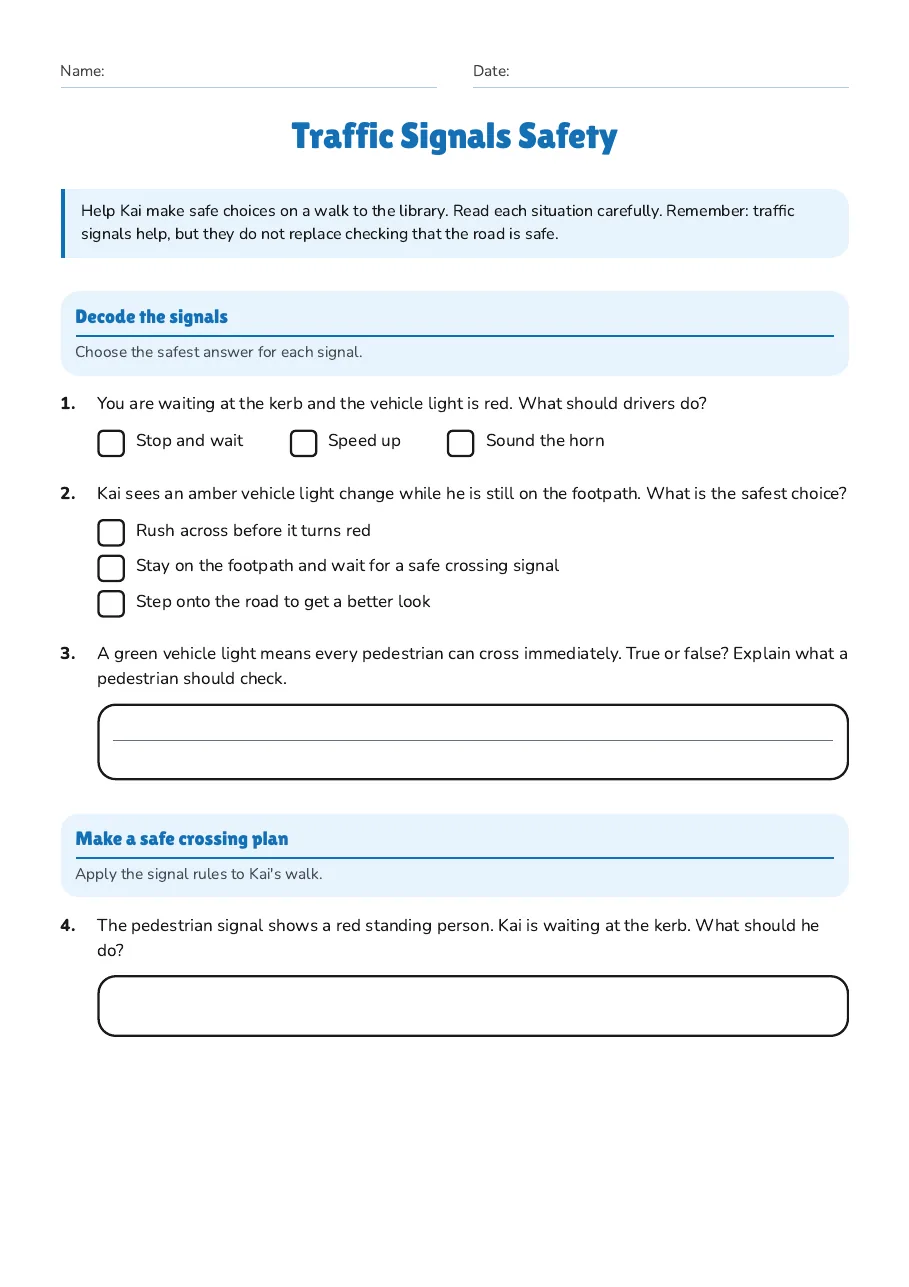 Traffic Signals Safety, page 1 of 3: Decode the signals, Make a safe crossing plan