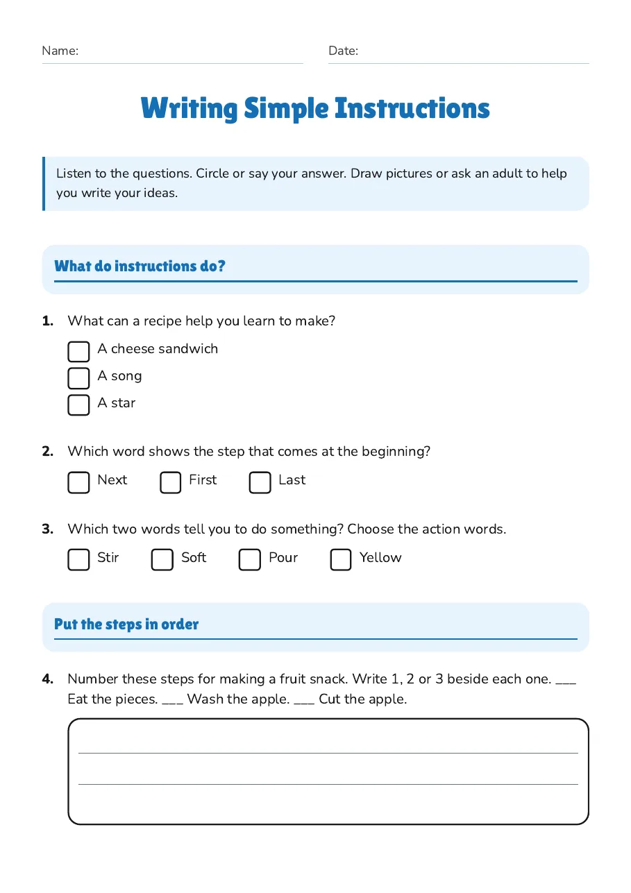 Writing Simple Instructions, page 1 of 2: What do instructions do?, Put the steps in order