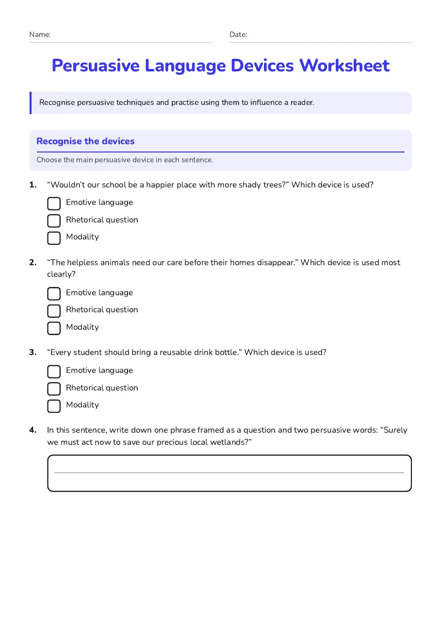 Persuasive Language Devices Worksheet, page 1 of 3: Recognise the devices