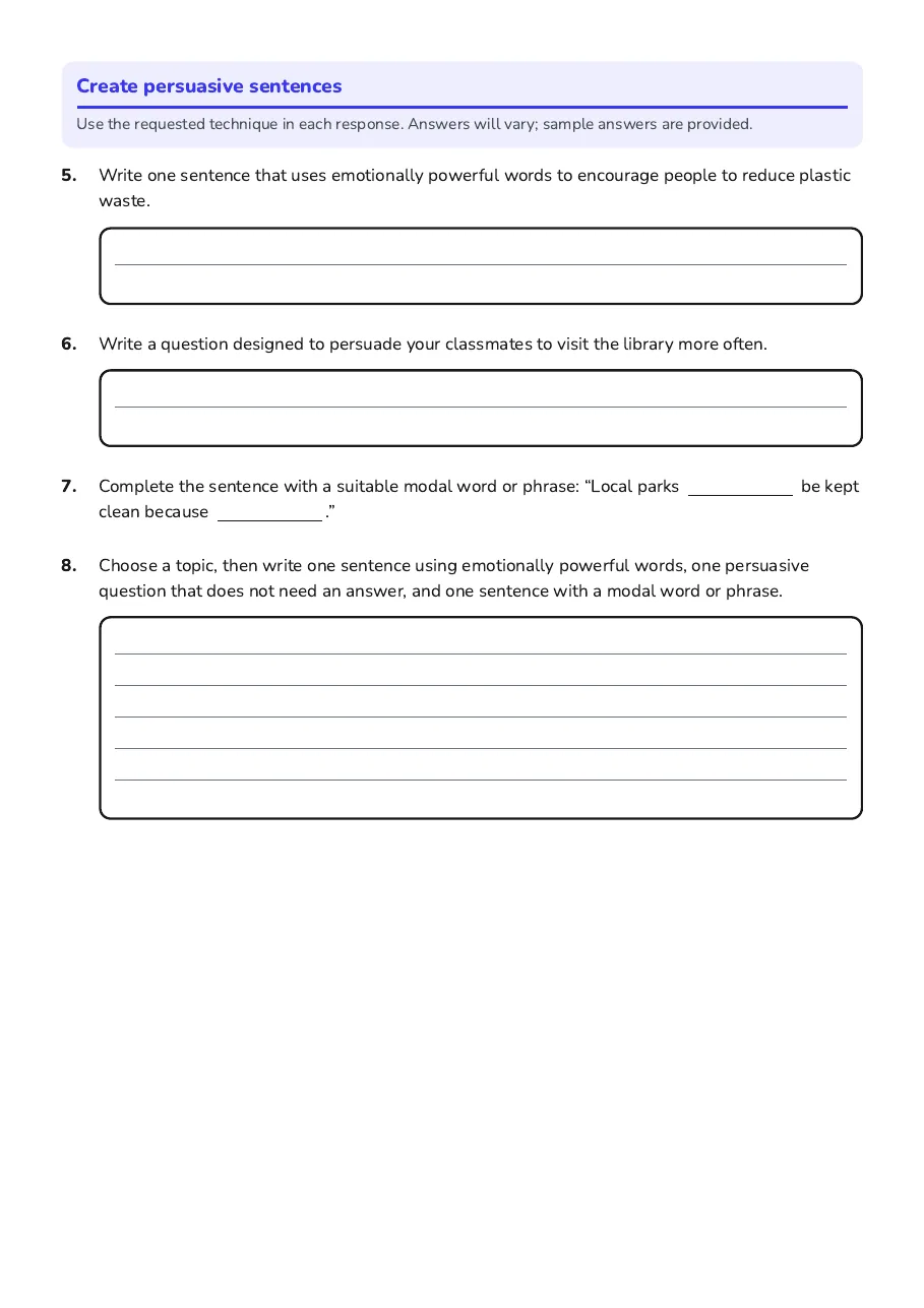 Persuasive Language Devices Worksheet, page 2 of 3: Create persuasive sentences