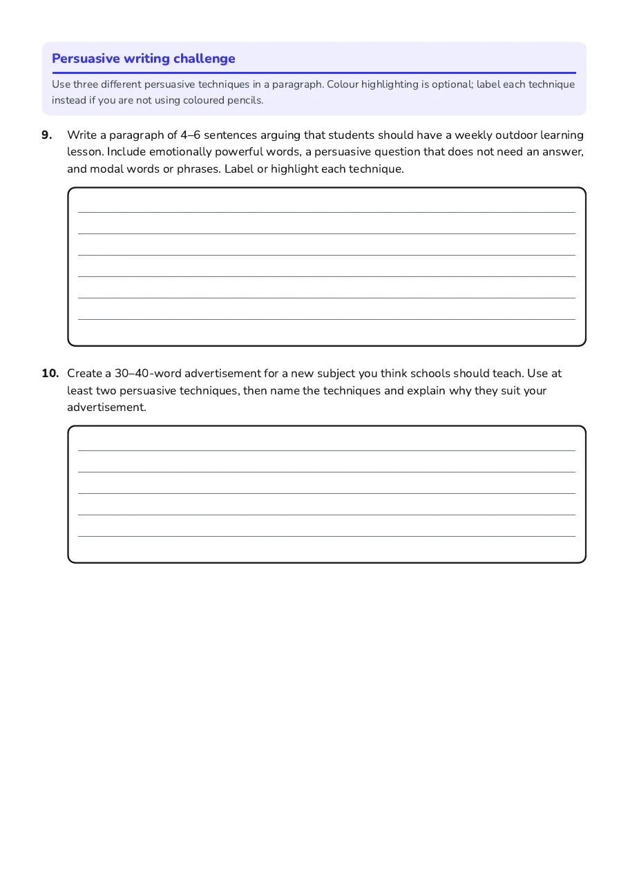 Persuasive Language Devices Worksheet, page 3 of 3: Persuasive writing challenge