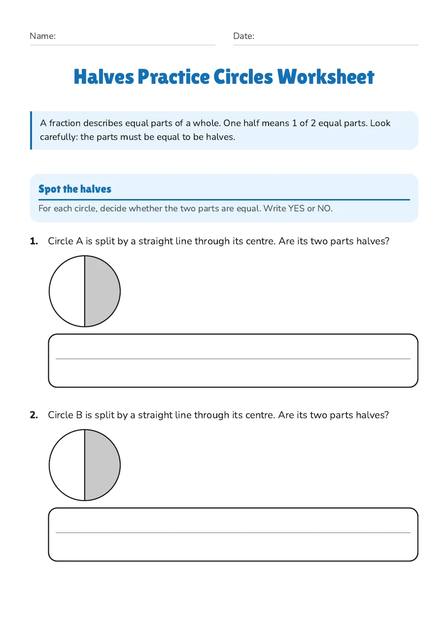 Halves Practice Circles Worksheet, page 1 of 3: Spot the halves