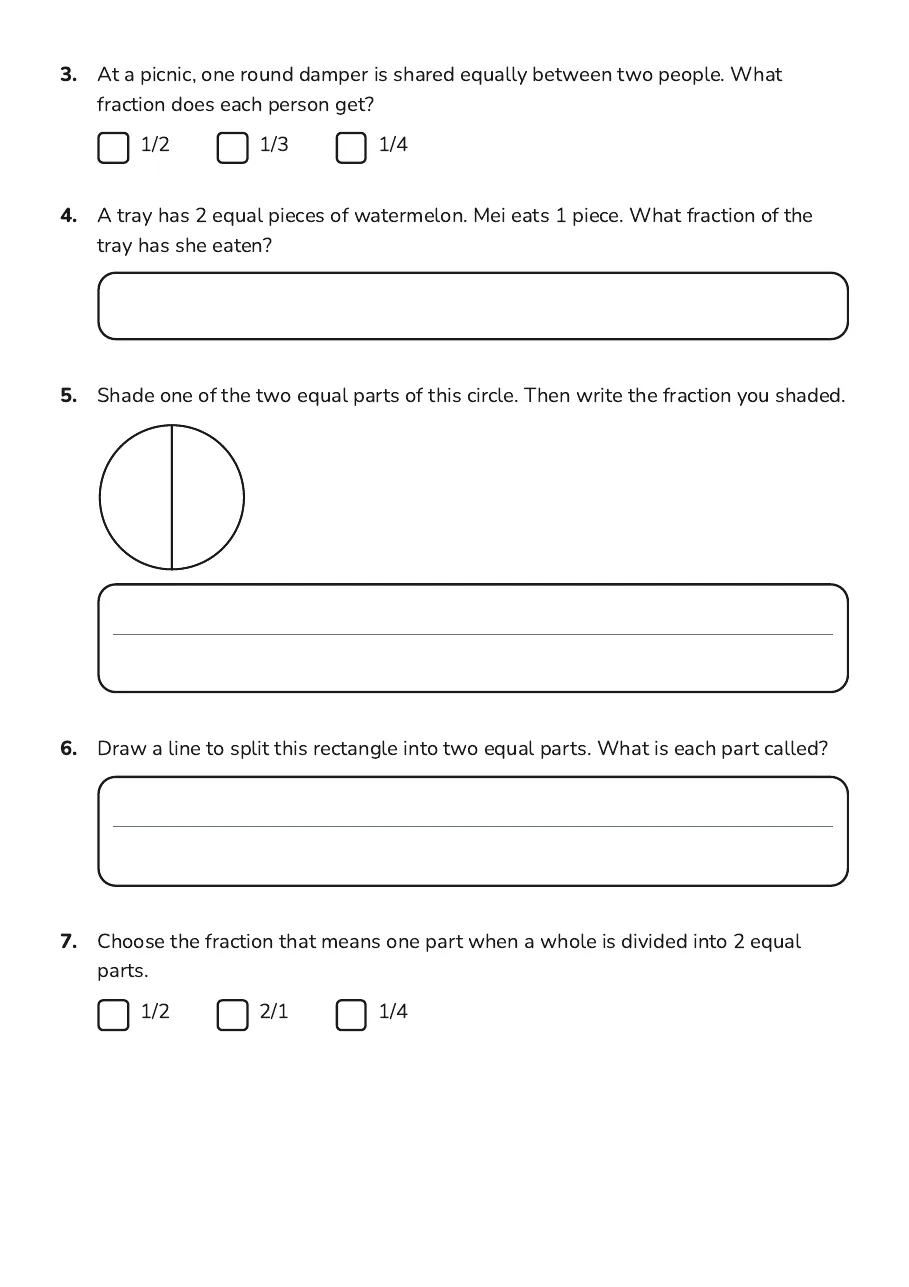 Halves Practice Circles Worksheet, page 2 of 3: 3. At a picnic, one round damper is shared equally between two people. What