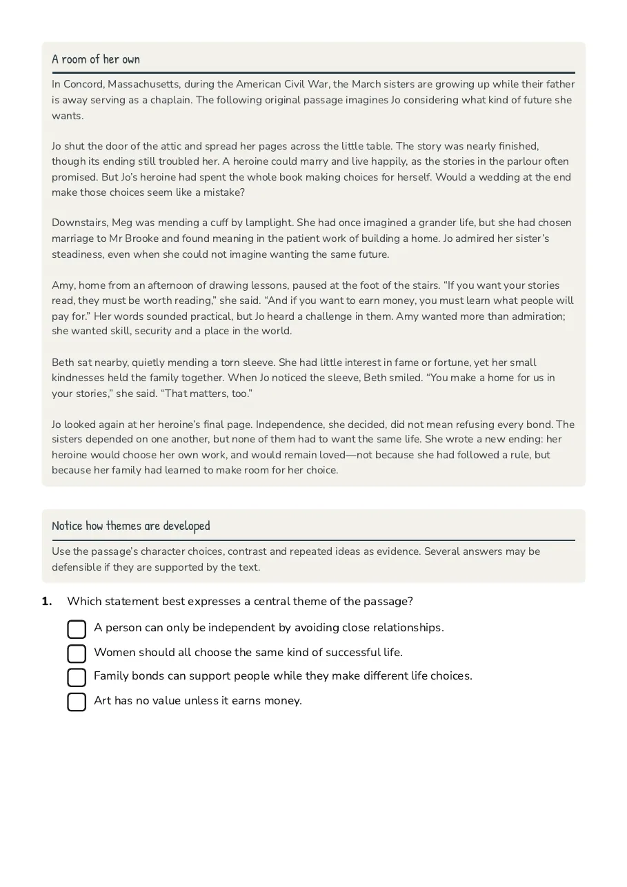 Little Women Themes Worksheet, page 2 of 4: A room of her own, Notice how themes are developed
