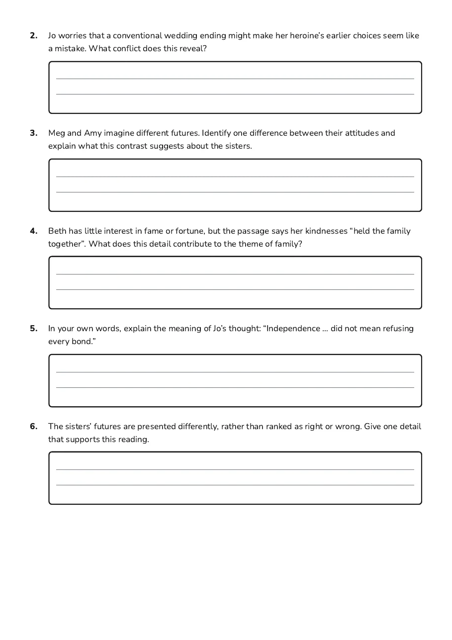 Little Women Themes Worksheet, page 3 of 4: 2. Jo worries that a conventional wedding ending might make her heroine’s earlier choices…