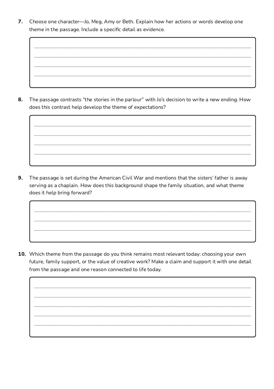 Little Women Themes Worksheet, page 4 of 4: 7. Choose one character—Jo, Meg, Amy or Beth. Explain how her actions or words develop one