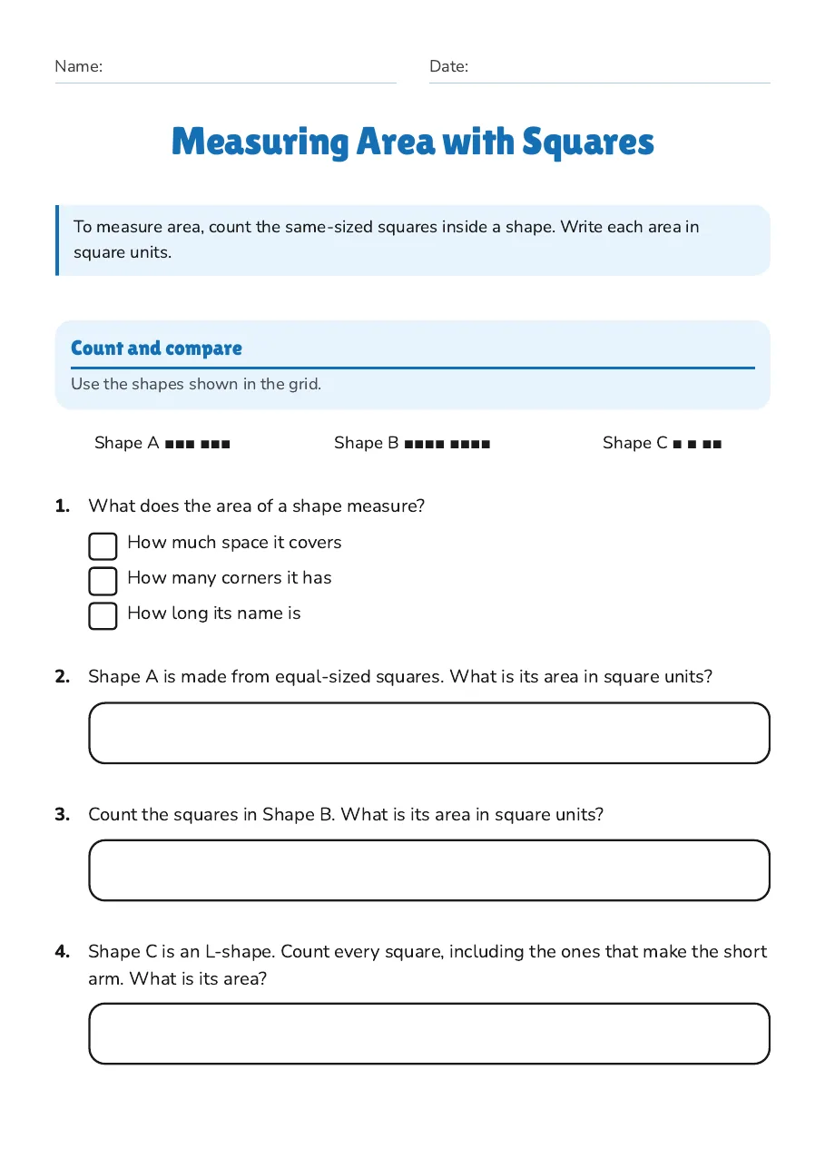 Measuring Area with Squares, page 1 of 3: Count and compare