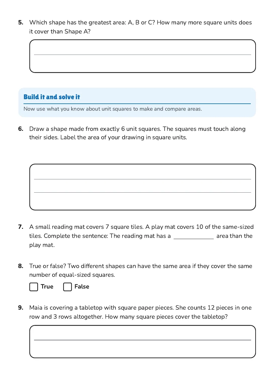 Measuring Area with Squares, page 2 of 3: Build it and solve it