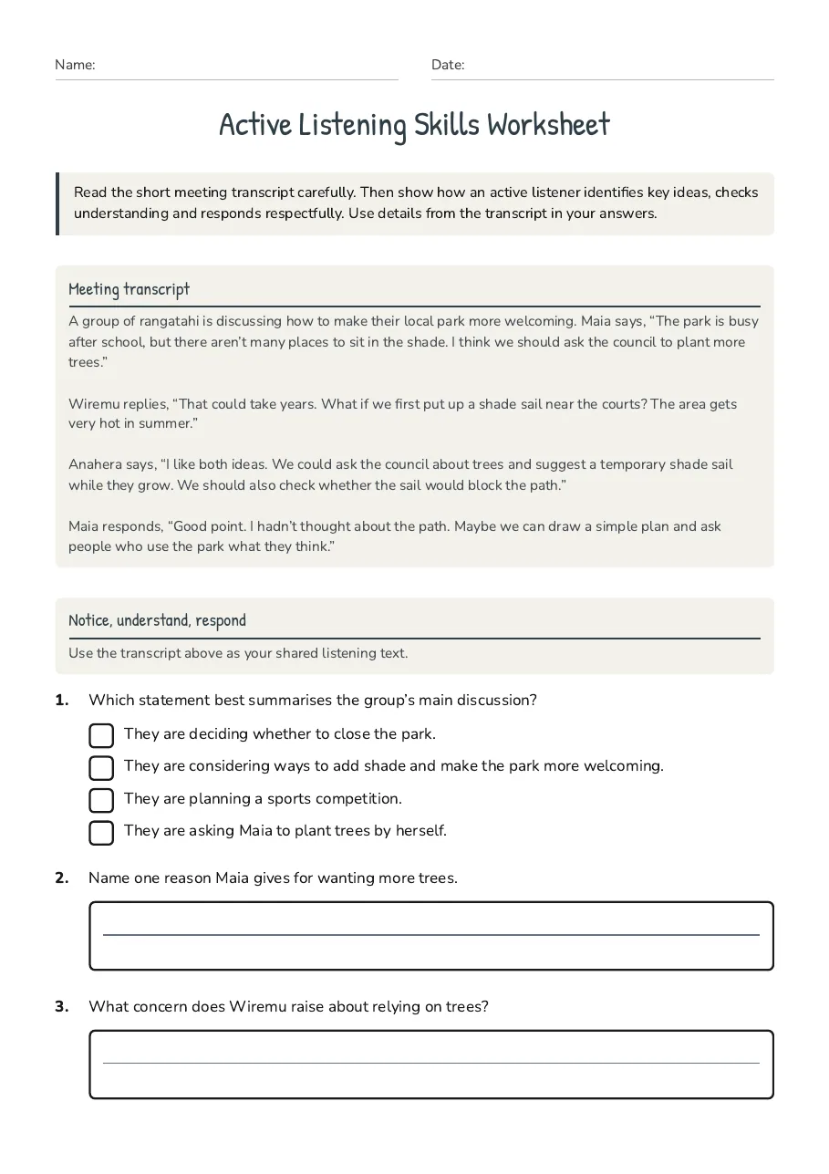 Active Listening Skills Worksheet, page 1 of 3: Meeting transcript, Notice, understand, respond