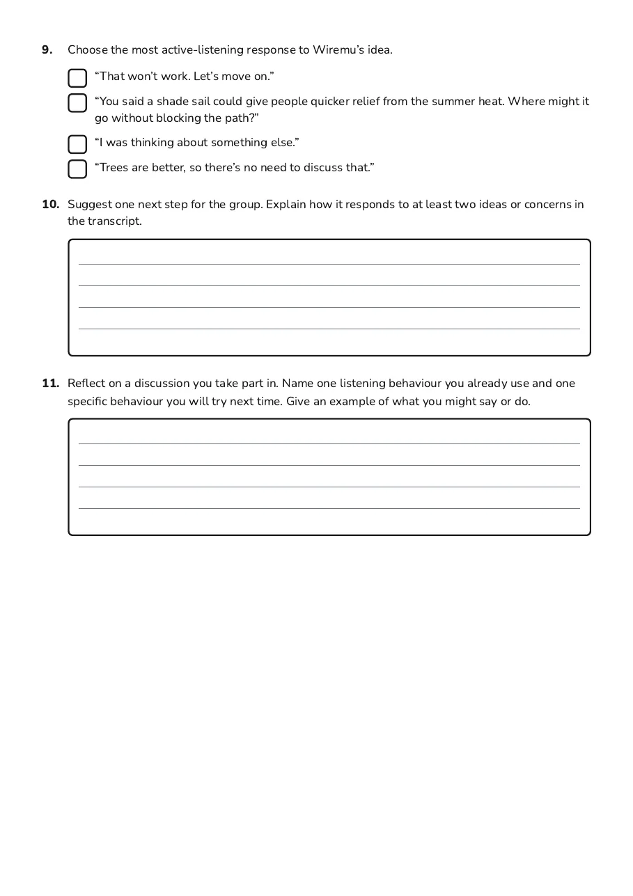 Active Listening Skills Worksheet, page 3 of 3: 9. Choose the most active-listening response to Wiremu’s idea.