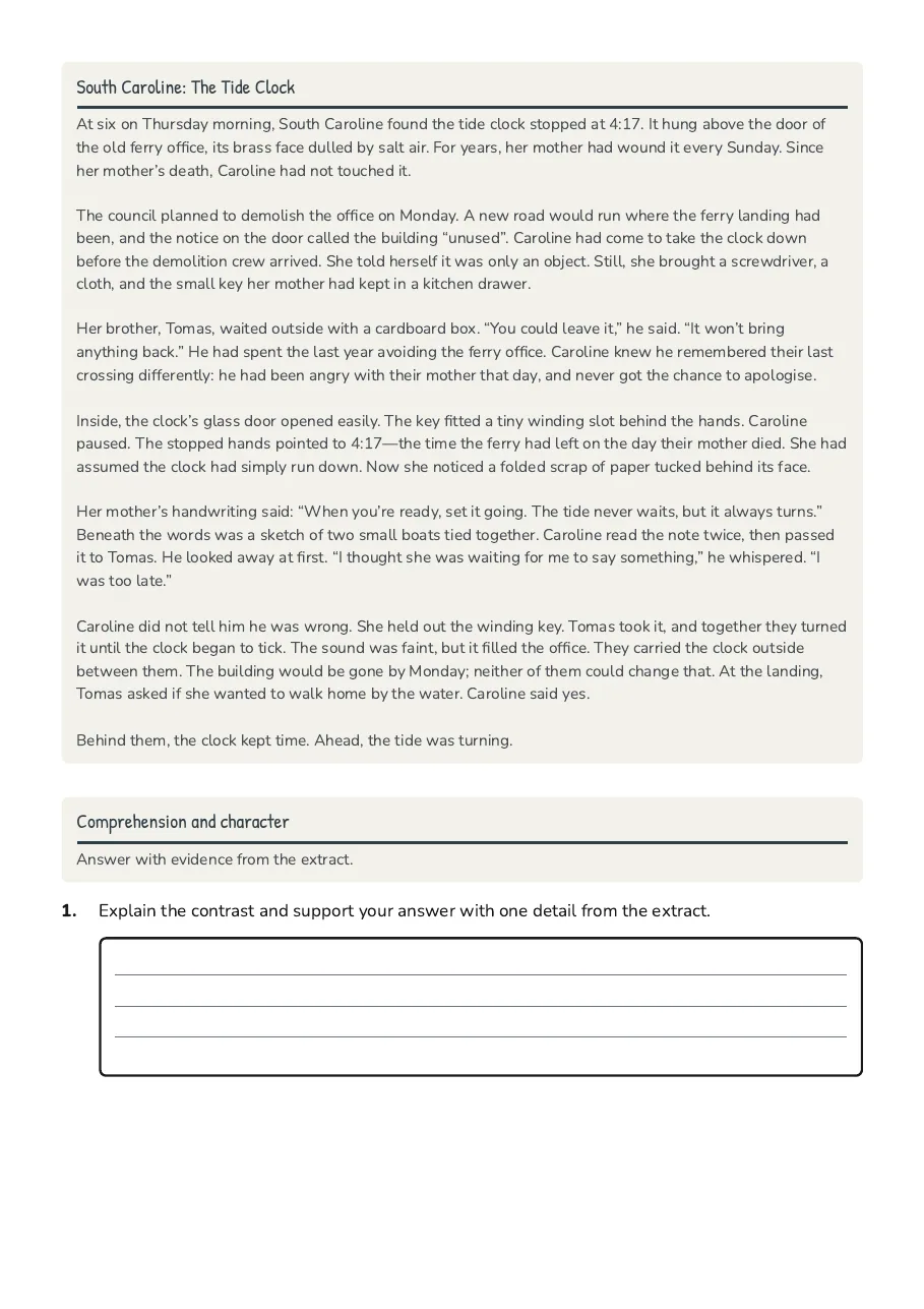 South Caroline Chapter Quiz, page 2 of 4: South Caroline: The Tide Clock, Comprehension and character