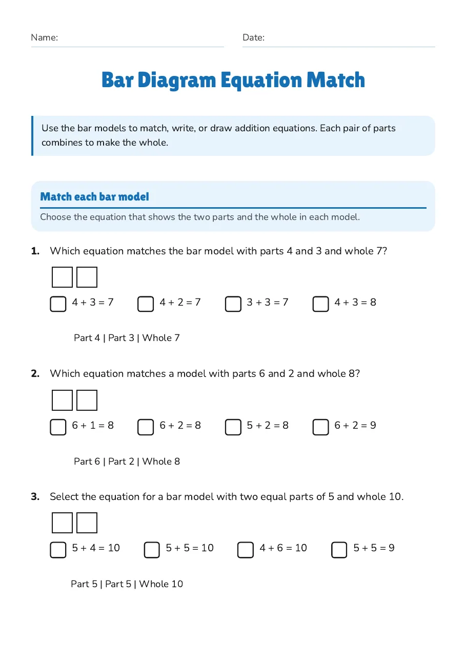 Bar Diagram Equation Match, page 1 of 4: Match each bar model