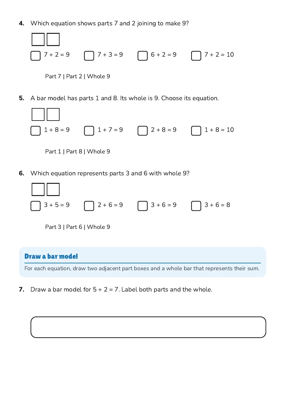 Bar Diagram Equation Match, page 2 of 4: Draw a bar model