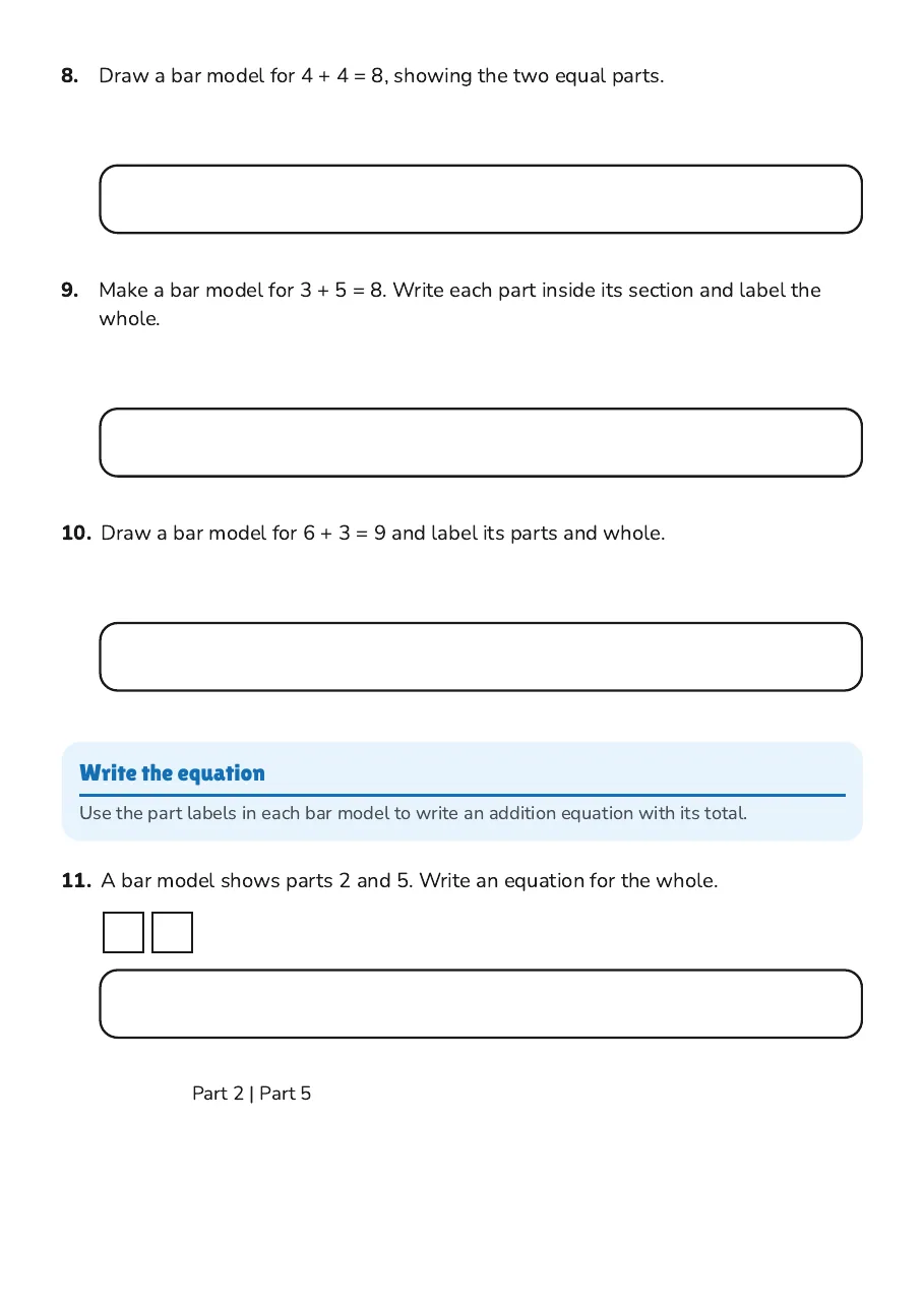 Bar Diagram Equation Match, page 3 of 4: Draw a bar model, Write the equation