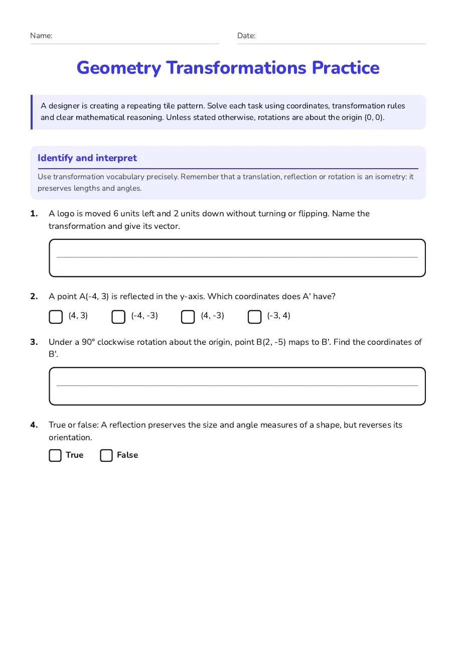 Geometry Transformations Practice, page 1 of 3: Identify and interpret