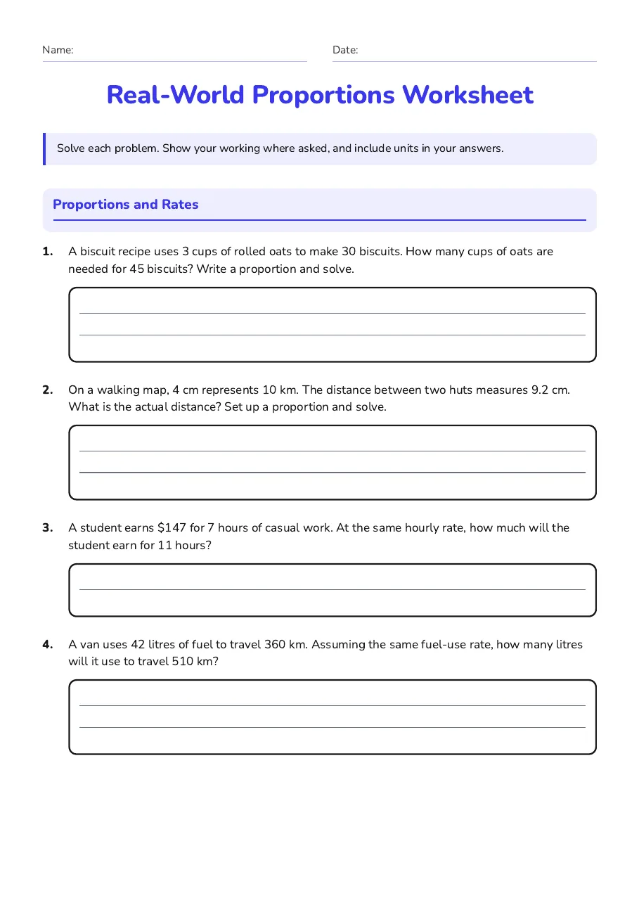 Real-World Proportions Worksheet, page 1 of 3: Proportions and Rates