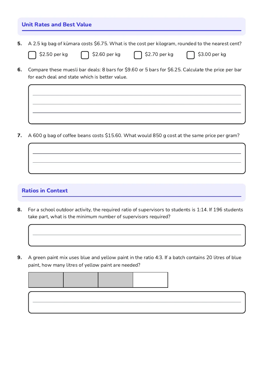 Real-World Proportions Worksheet, page 2 of 3: Unit Rates and Best Value, Ratios in Context