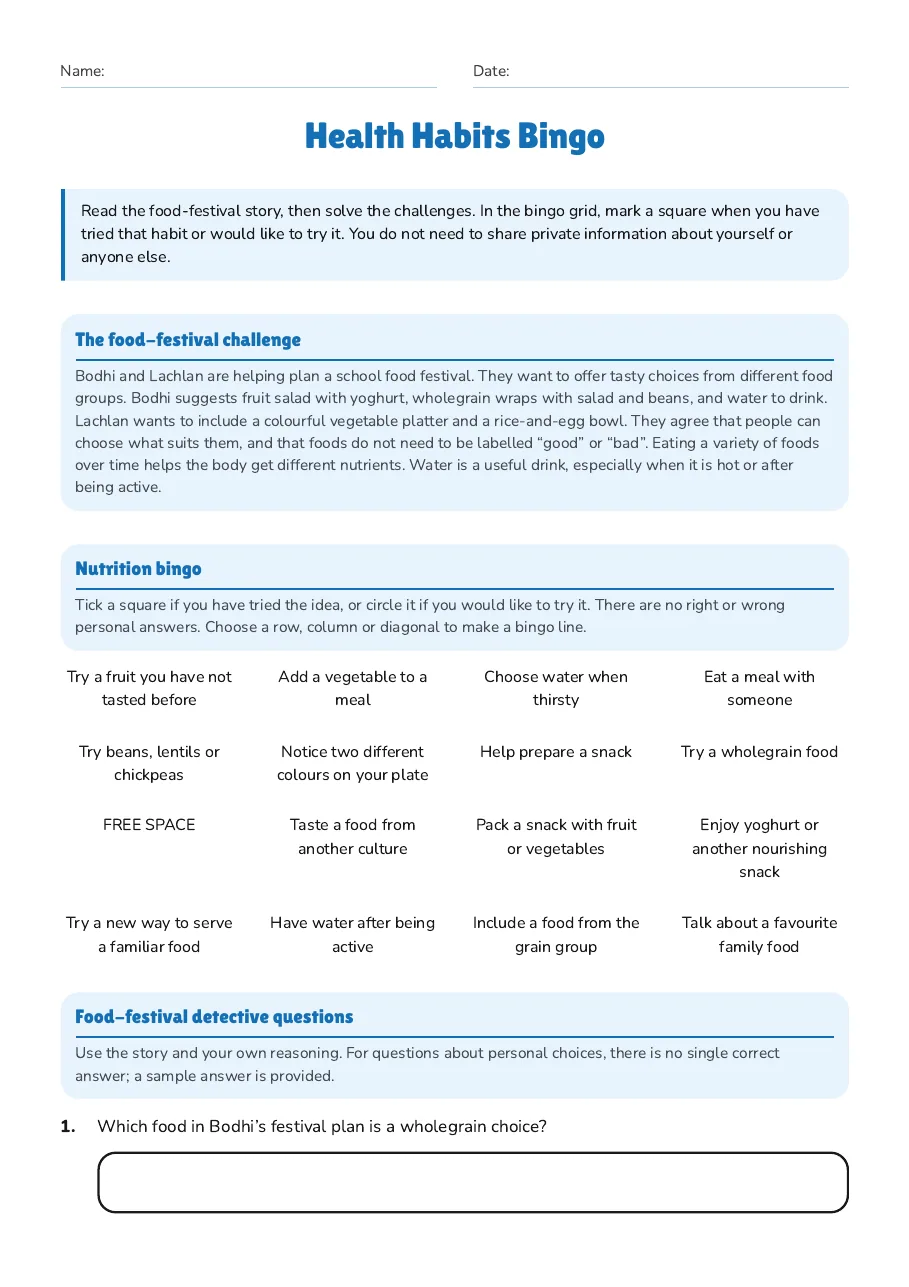 Nutrition bingo grid and Australian food-festival story with illustrated meal