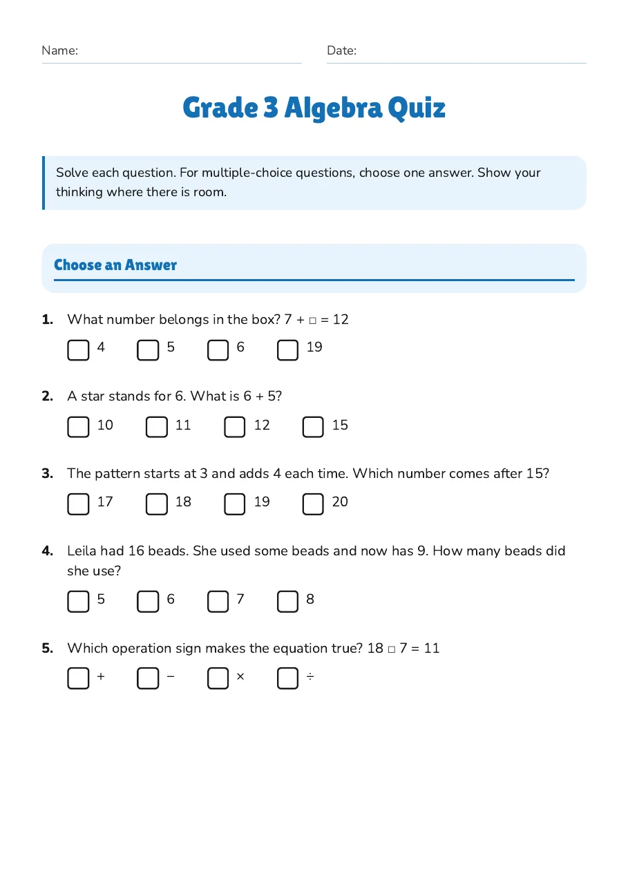 Grade 3 Algebra Quiz, page 1 of 3: Choose an Answer