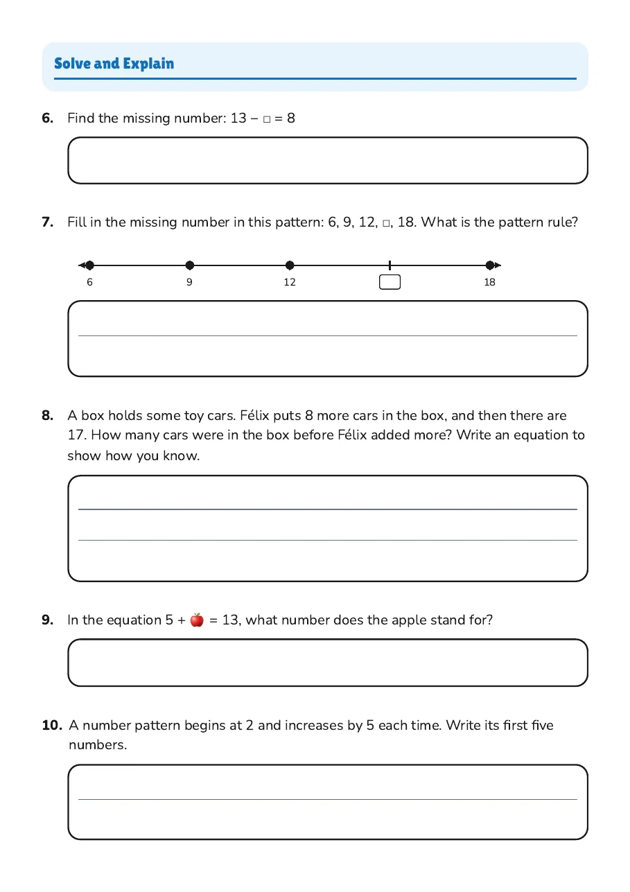 Grade 3 Algebra Quiz, page 2 of 3: Solve and Explain