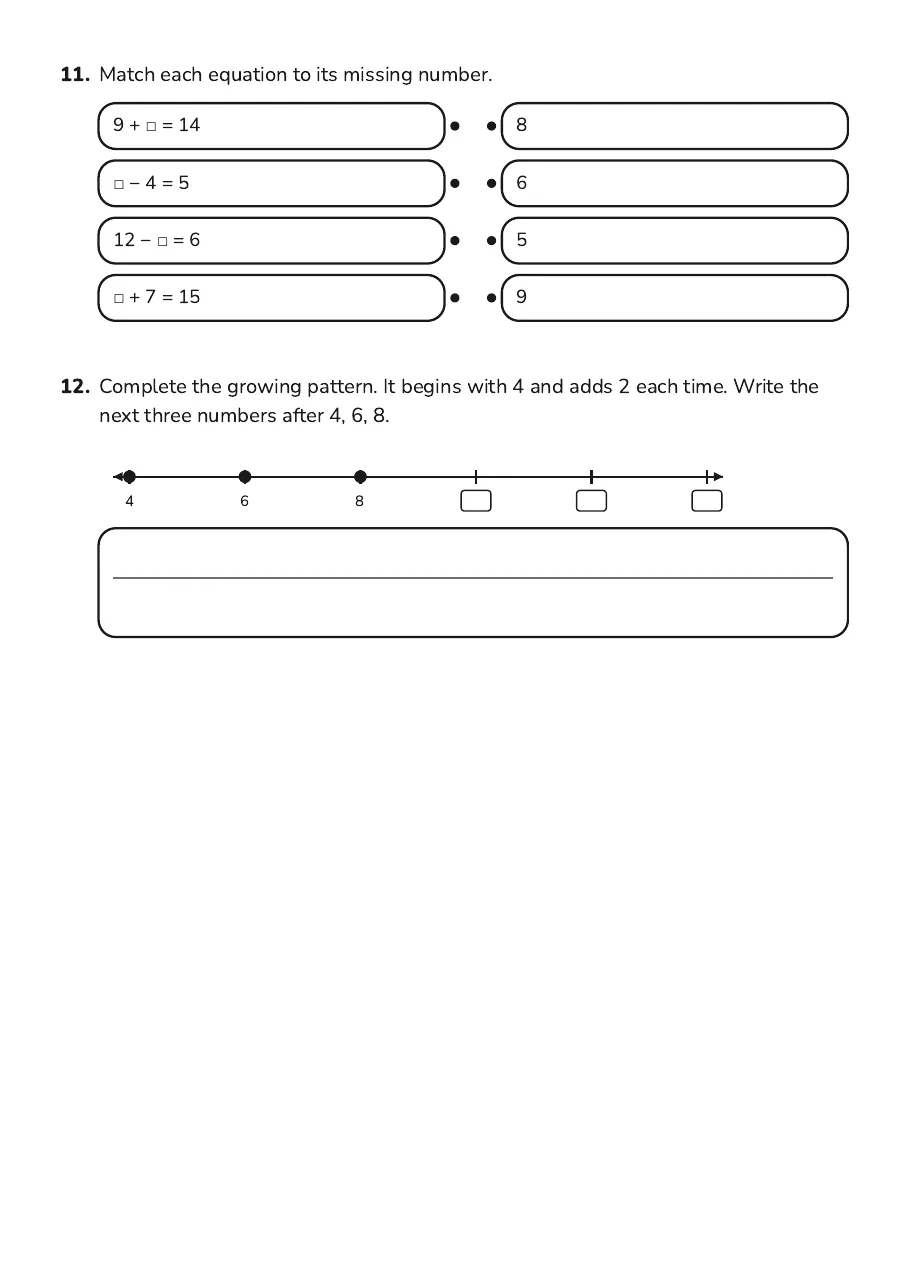 Grade 3 Algebra Quiz, page 3 of 3: 11. Match each equation to its missing number.