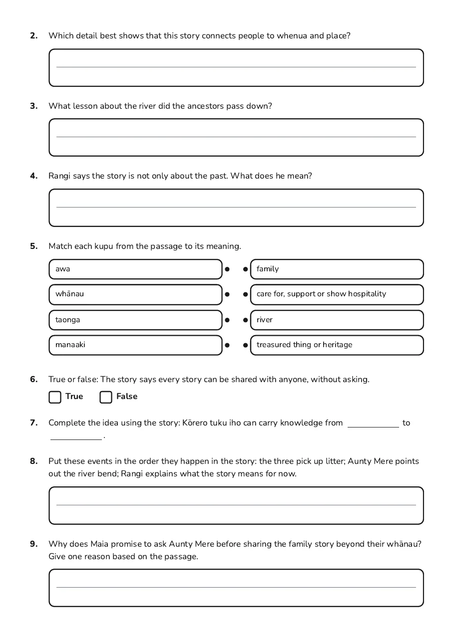 Introduction to Kōrero Tuku Iho, page 2 of 3: 2. Which detail best shows that this story connects people to whenua and place?