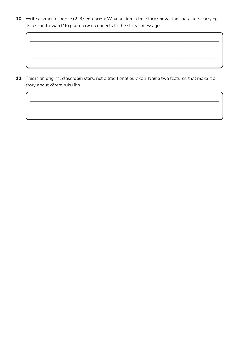 Introduction to Kōrero Tuku Iho, page 3 of 3: 10. Write a short response (2–3 sentences): What action in the story shows the characters…
