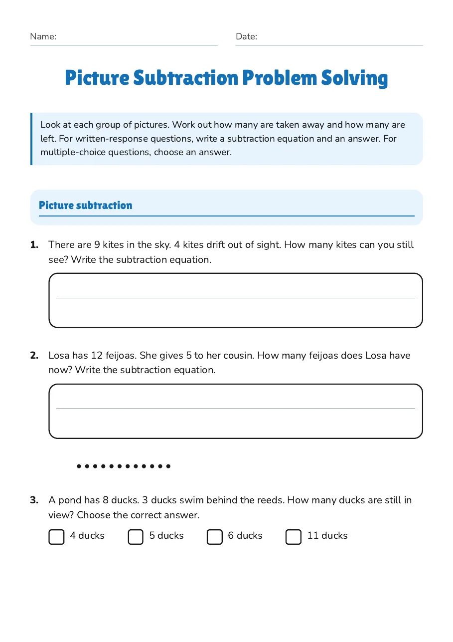 Picture Subtraction Problem Solving, page 1 of 3: Picture subtraction