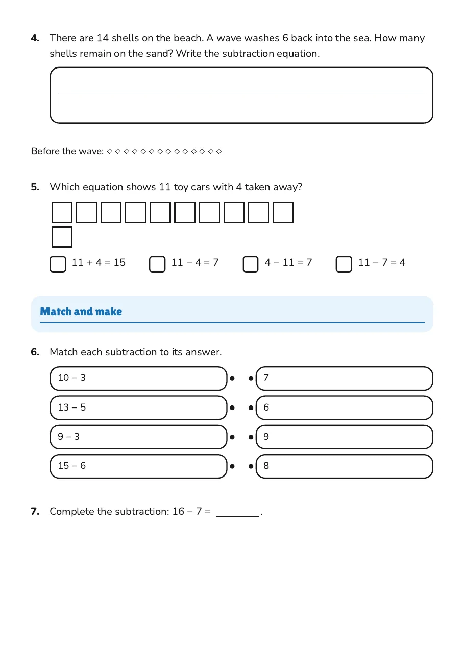 Picture Subtraction Problem Solving, page 2 of 3: Match and make