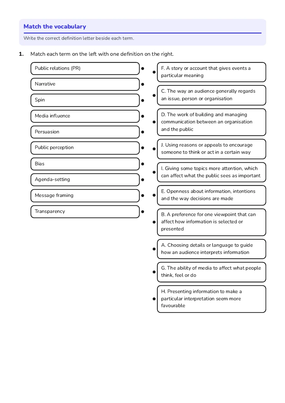 Media Influence Vocabulary Match, page 2 of 3: Match the vocabulary