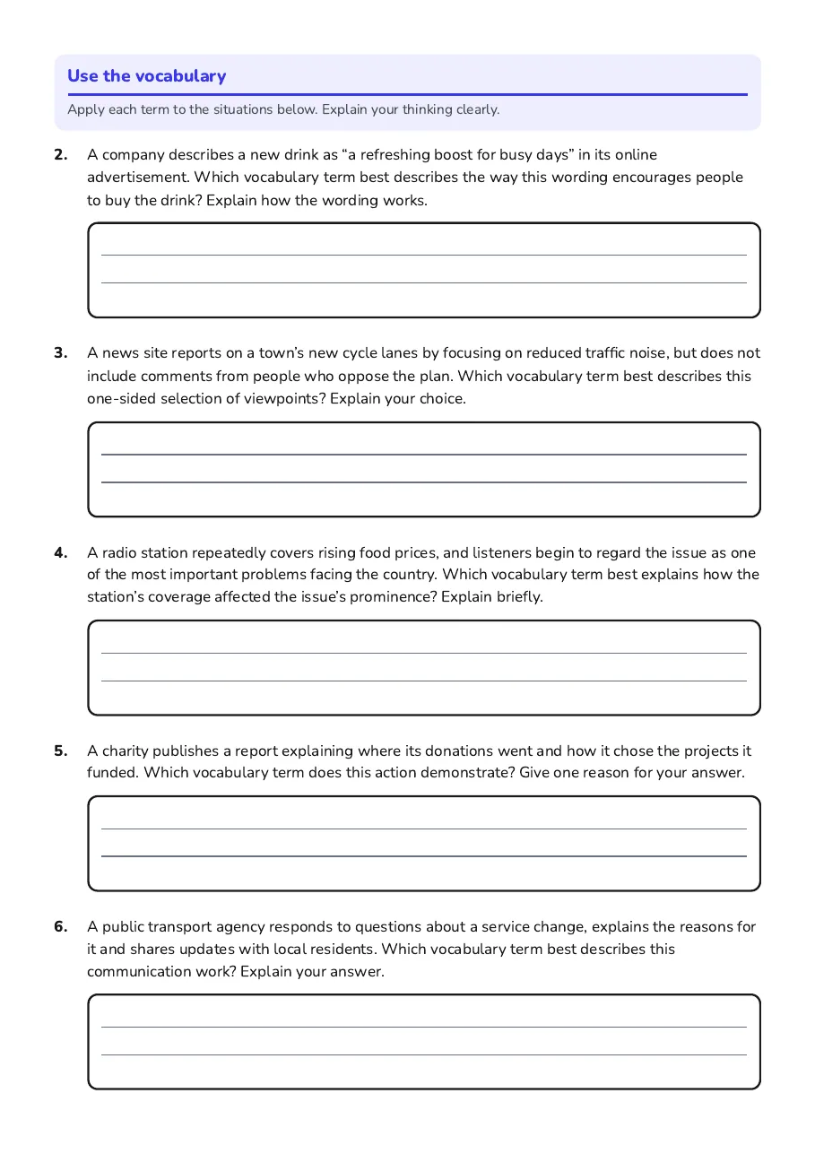Media Influence Vocabulary Match, page 3 of 3: Use the vocabulary