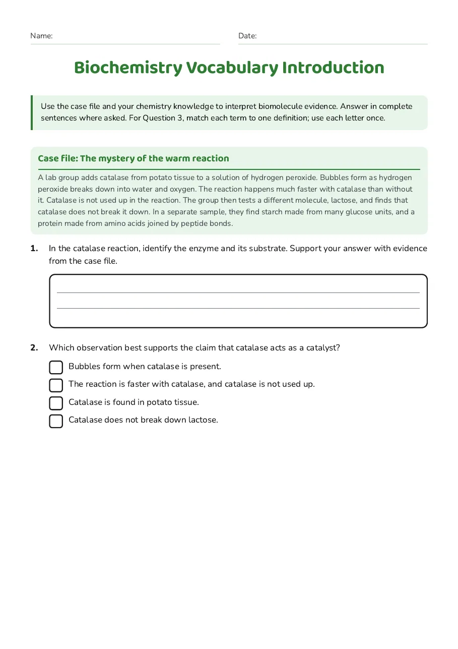 Biochemistry Vocabulary Introduction, page 1 of 3: Case file: The mystery of the warm reaction