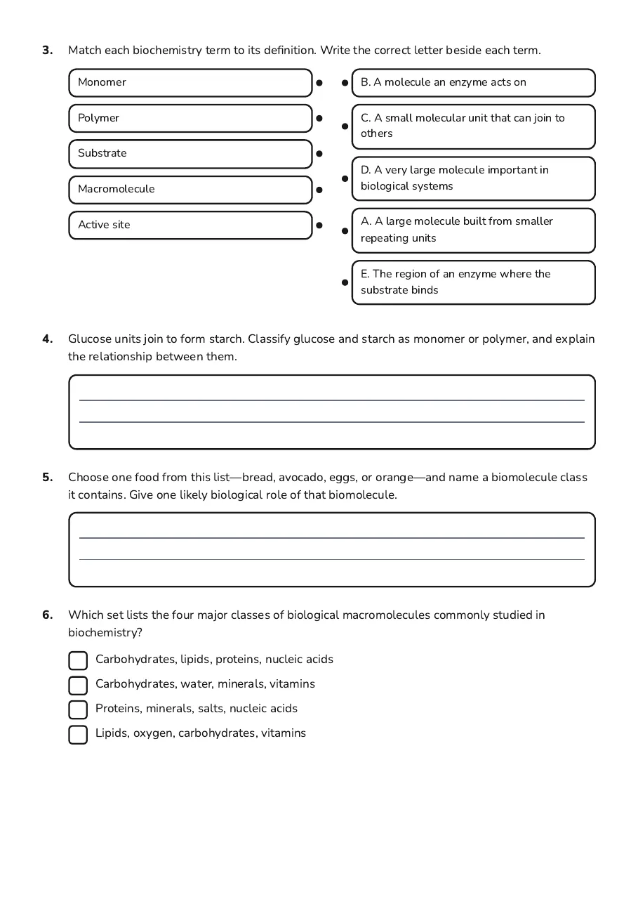 Biochemistry Vocabulary Introduction, page 2 of 3: 3. Match each biochemistry term to its definition. Write the correct letter beside each…