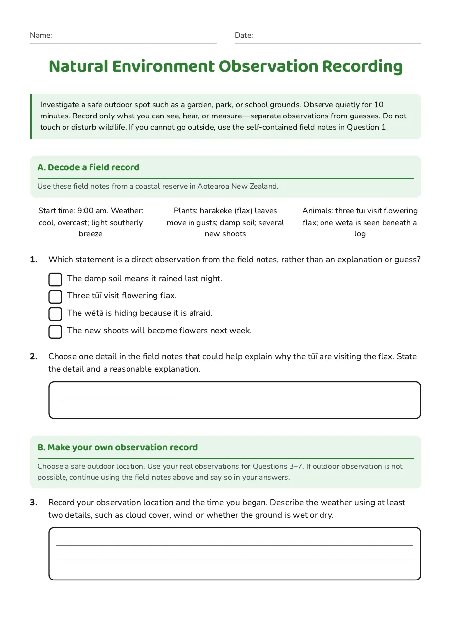 Natural Environment Observation Recording, page 1 of 3: A. Decode a field record, B. Make your own observation record