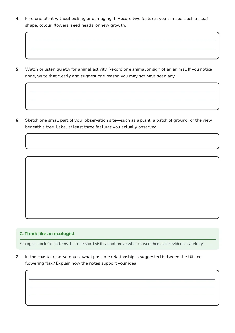 Natural Environment Observation Recording, page 2 of 3: C. Think like an ecologist