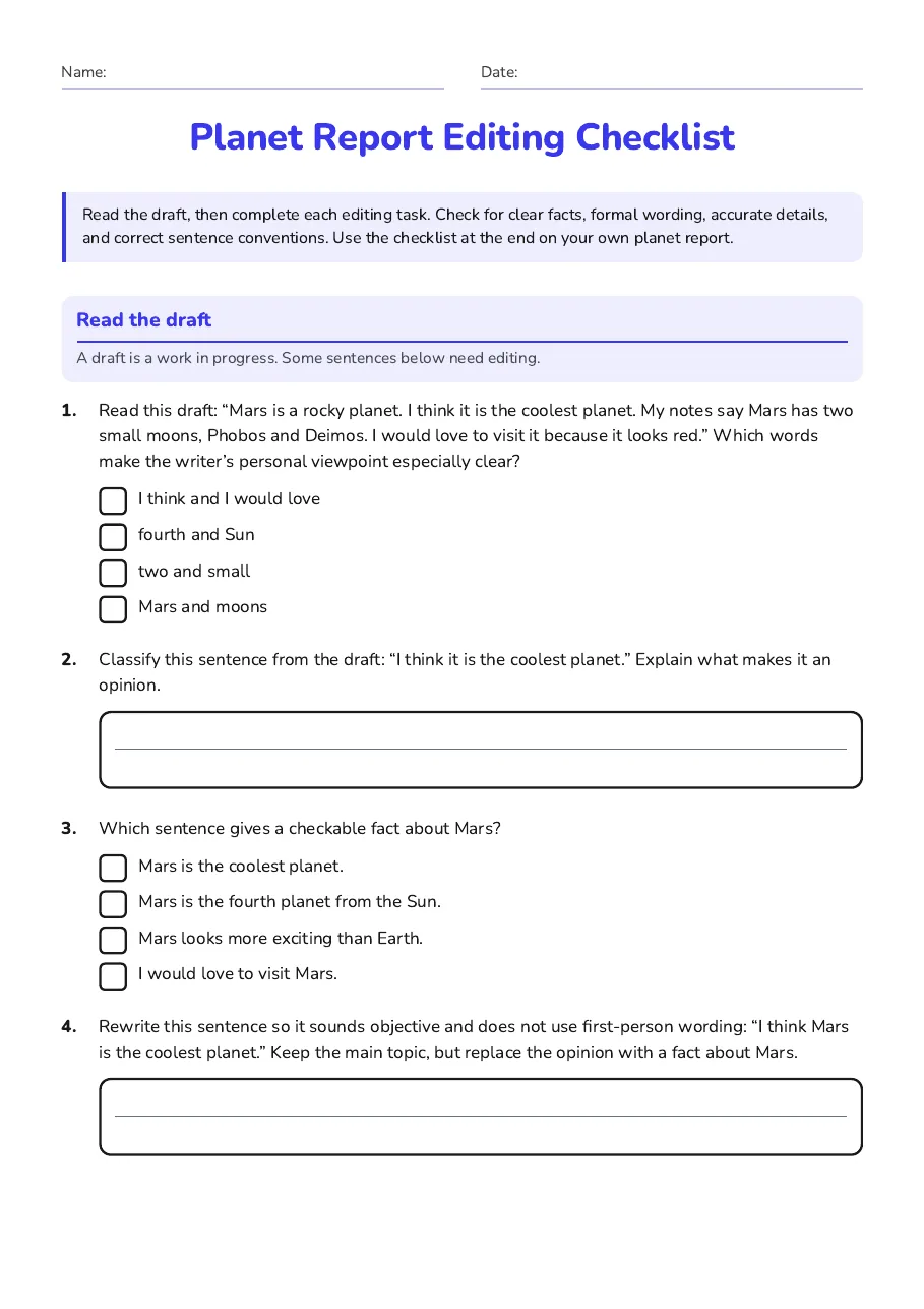 Students read and edit a self-contained sample report about Mars, identifying first-person language and opinions.