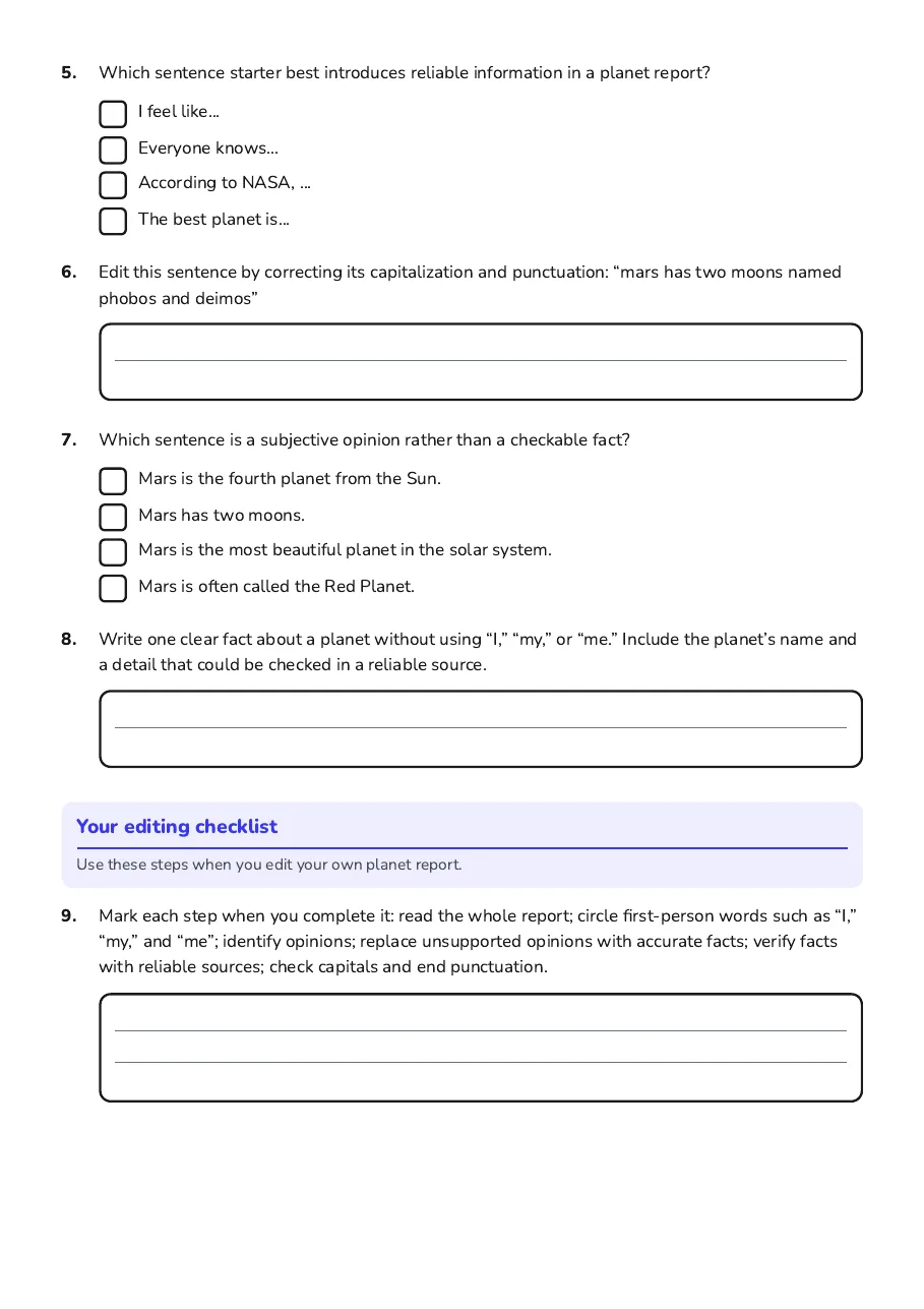 Students use a Mars fact file to correct accuracy, punctuation, tone, and objective scientific writing.