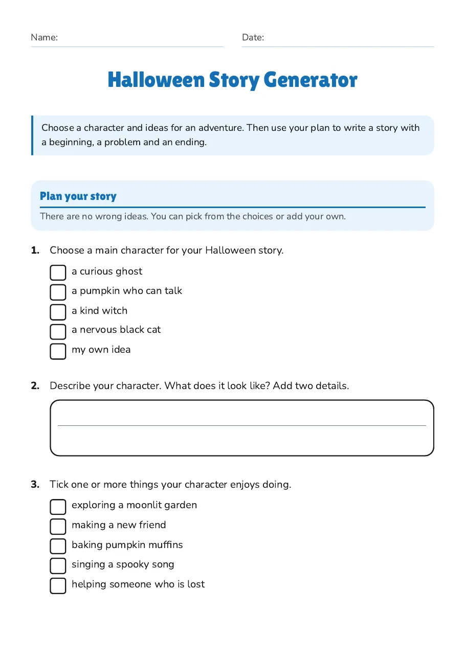 Halloween Story Generator, page 1 of 3: Plan your story