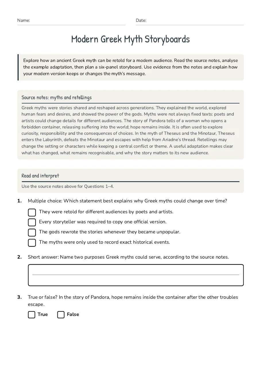 Modern Greek Myth Storyboards, page 1 of 3: Source notes: myths and retellings, Read and interpret