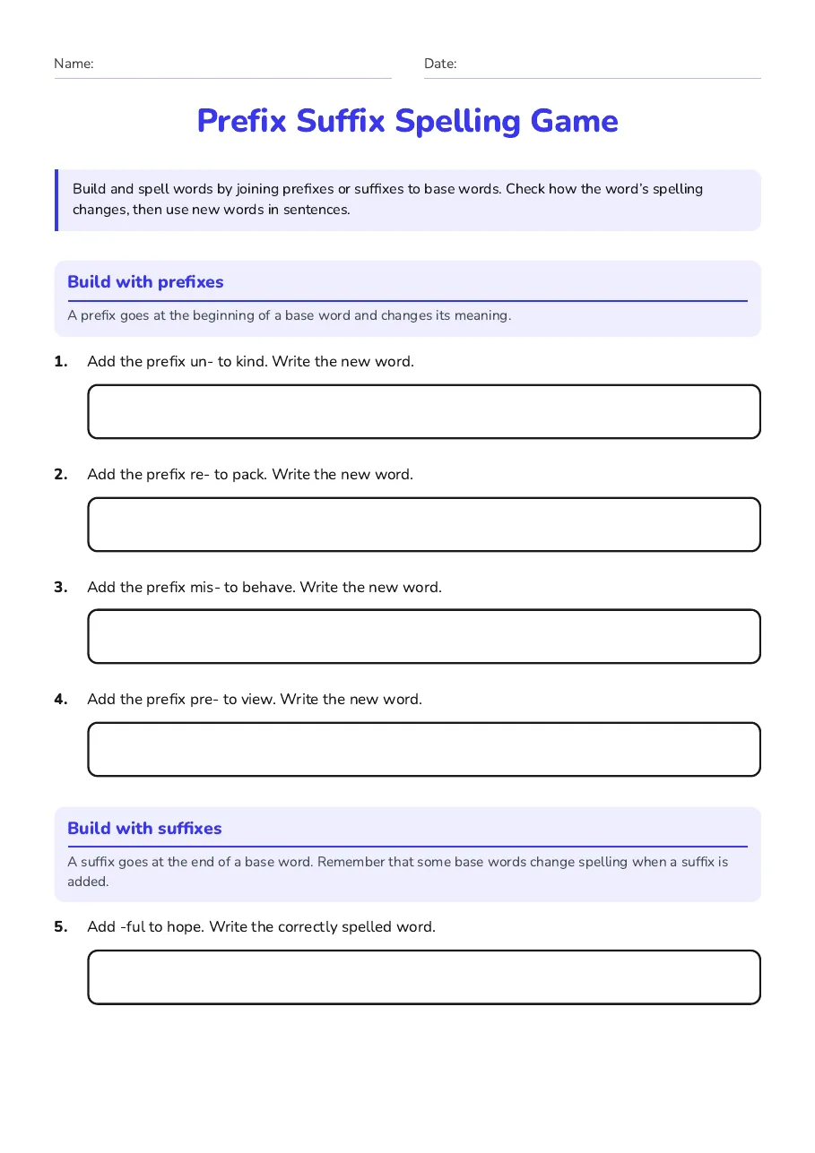 Prefix Suffix Spelling Game, page 1 of 3: Build with prefixes, Build with suffixes