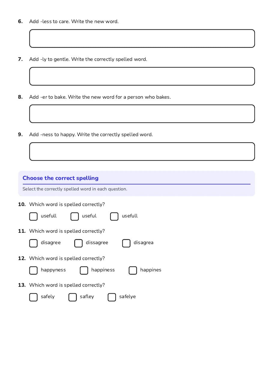 Prefix Suffix Spelling Game, page 2 of 3: Choose the correct spelling