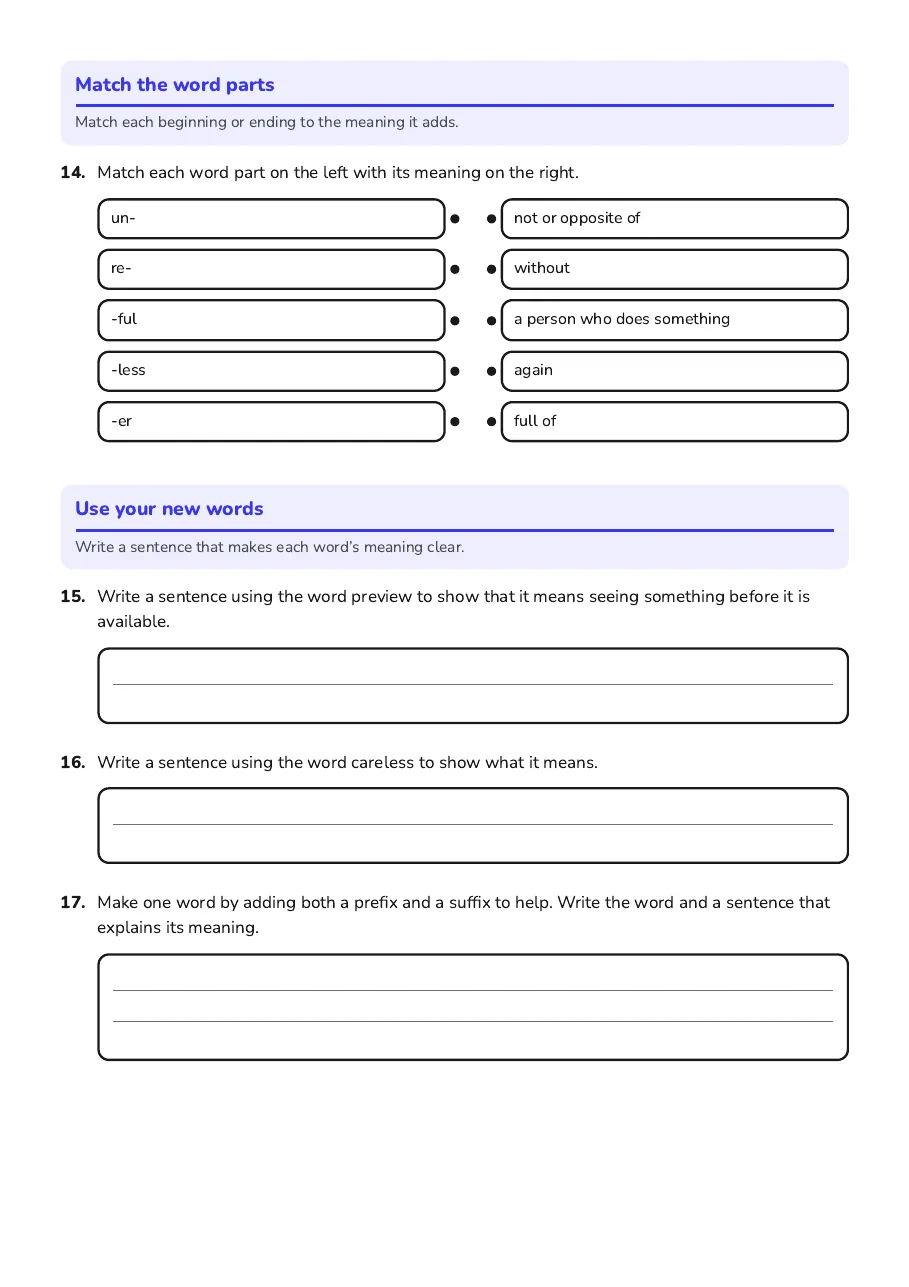 Prefix Suffix Spelling Game, page 3 of 3: Match the word parts, Use your new words