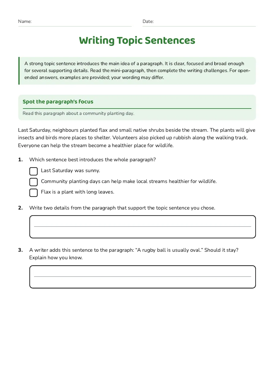 Writing Topic Sentences, page 1 of 3: Spot the paragraph's focus